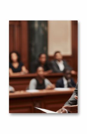 In the courtroom, a lawyer articulates his point with conviction, advocating for justice