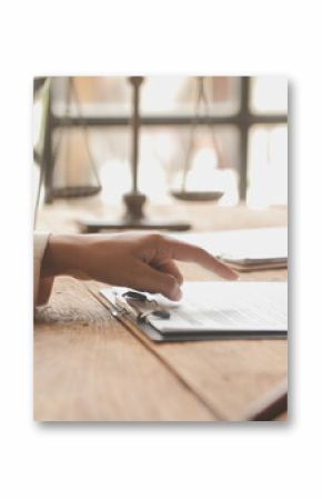 Good service cooperation, Consultation of Businesswoman and Male lawyer or judge counselor having team meeting with client, Law and Legal services concept.