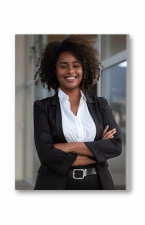 portrait of smiling black woman attorney in black suit, professional trustworthy, lawyer