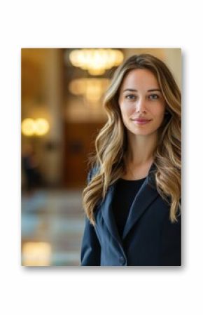 Female attorney in a courthouse lobby, confidently walking towards the camera