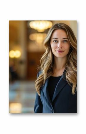 Female attorney in a courthouse lobby, confidently walking towards the camera