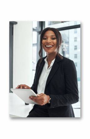 Portrait, smile and black woman with tablet, attorney and employee in office. Technology, happy face and female lawyer or legal advisor, research or email and professional from New York in law firm