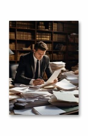 A man, likely a lawyer, sits at his desk surrounded by stacks of case files and legal documents, deeply engrossed in reviewing and analyzing the information. Generative AI