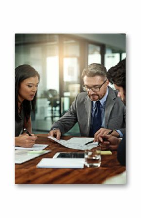 Businesspeople, deal and meeting with documents in boardroom, office and sign for corporate b2b sale. Collaboration, attorney with paperwork and contract, management and planning for negotiation