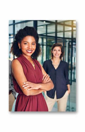 Portrait, confidence and business people in office with woman, leadership and project manager at law firm. Teamwork, professional and group with lawyer, attorney or legal consultant with arms crossed