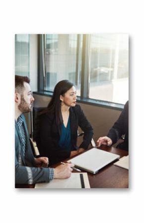 Men, woman and lawyer with documents in boardroom for discussion, negotiation and legal compliance. People, business owner and attorney with paperwork, laptop and listen to advice for company growth