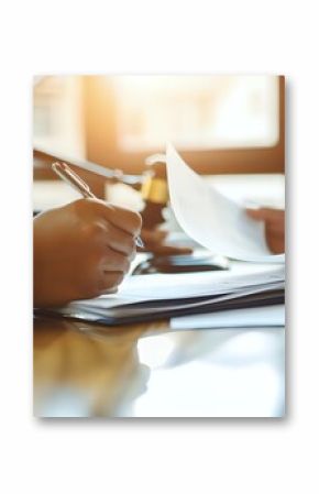 Lawyer writing on legal pad with client looking over document in law office