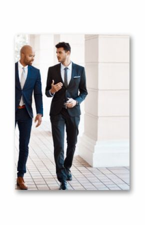 Business, men and walking outdoor with discussion, travel and morning with attorney duo for communication. Male lawyers, conversation and corporate professional in city for career in law and justice.