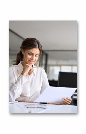 Busy happy mature business woman bank manager working in office checking legal document account invoice in office. Businesswoman of middle age executive, attorney lawyer using laptop at work.