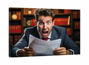 Shocked lawyer or attorney reading legal document in library. Concept of law, justice, legal system, stress, and intense work