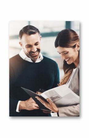 Man, woman and folder for company proposal in office for teamwork, reading or review for project. Business people, partner and attorney with feedback, compliance and happy for results in workplace