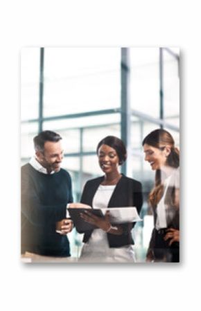 Man, women and documents in team, reading or company proposal in office for advice, check and review. Business people, group and attorney with feedback, compliance and happy with results in scrum