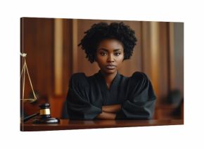 Serious black female lawyer in black robe at judiciary hall with scales and gavel nearby