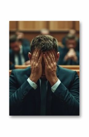 Businessman in Suit Covering Face with Hands in Courtroom