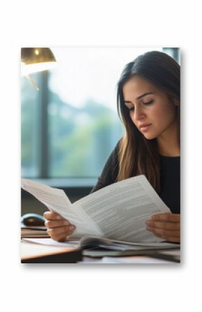 woman engrossed in reading Chapter 13 bankruptcy law documents in a professional office setting. The office should have elements like a desk lamp, legal books, and a computer to cr