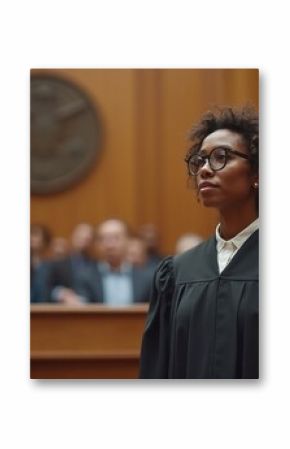  A confident Black woman wearing glasses and a professional judge's robe in a courtroom setting