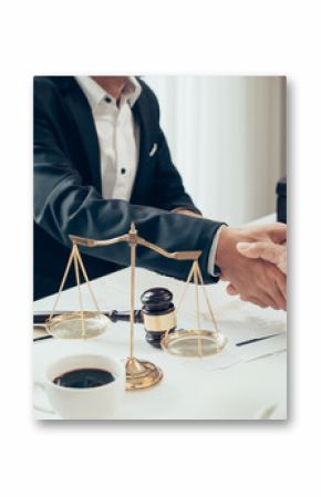 Businessman shaking hands to seal a deal with his partner lawyers or attorneys discussing a contract agreement