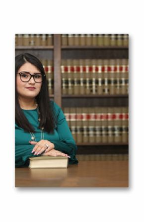 Portrait of a young attractive hispanic woman, women attorney in law library