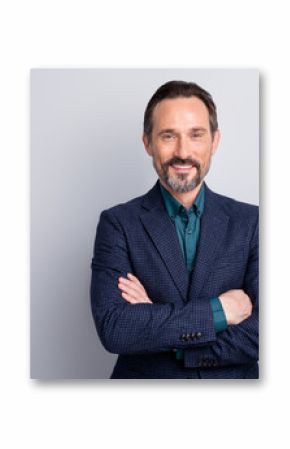 Close-up portrait of his he nice attractive cheerful cheery middle age man in old-fashioned formalwear folded arms professor isolated over light white gray pastel color background