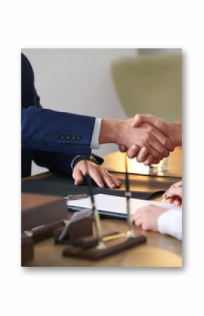 Male lawyer working with clients in office, closeup