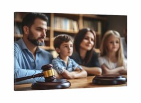 legal scene with attorney advising family on legal rights and justice while courtroom gavel is positioned at the front of the image