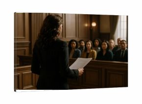 Courtroom lawyer addressing jury during trial with documents