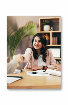 People, lawyer and handshake in office for welcome, legal agreement and thank you in meeting. Attorney, client couple and shaking hands in law firm for negotiation, contract renewal and introduction