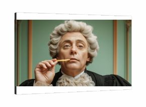 Magistrate judge in powdered wig holding french fry,  humorous and surreal portrait of a dignified man.