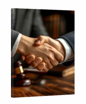 Close-up of two people shaking hands at a wooden table, likely in a legal setting.  Gavel and documents are visible in the background