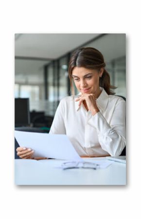 Busy mature business woman bank account manager working in office checking legal document account invoice in office. Businesswoman of middle age executive, attorney lawyer using laptop at work.