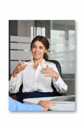 Female executive speaking to colleague working at office corporate meeting. Busy happy business woman professional bank manager lawyer attorney consulting client on finances management.