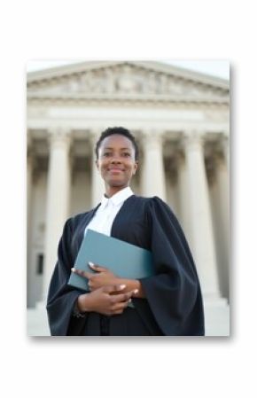 A black woman in a barrister's robe holds a law book while standing in front of a courthouse with tall columns. The sky is clear, and the building looks grand and official
