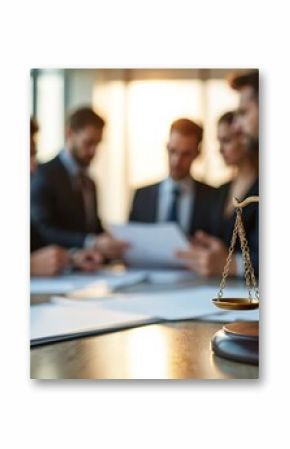 Lawyers discuss contracts, legal documents in modern office. Gavel, scales of justice symbolize legal process. Business people focus on work. Legal consultation, teamwork, case management, serious