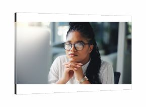 Reading, thinking and computer with business black woman for legal research, case news and idea. Client feedback, reflection and attorney review with person for lawyer report and online update