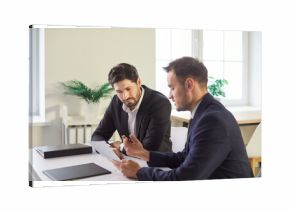 Serious lawyer, solicitor or barrister, supervisor talk to analyse financial report, professional insurance agent discussing paper policy terms conditions with client, conduct lawsuits document