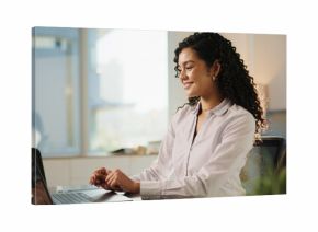 Lawyer, woman and laptop in office for research, advocate and case thinking. Legal aid, smile and online report for opportunity with attorney person with law firm, agency and reading legislation