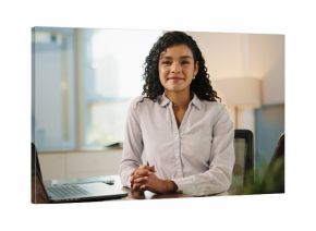 Business woman, laptop and portrait in office for legal research, case preparation or drafting online will. Attorney, female person and smile at law firm for court review, lawsuit or legislation