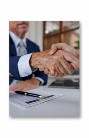 Happy mid aged business lawyer man manager handshaking greeting client in office. Smiling female executive making successful deal with partner shaking hand at work standing at meeting table. 