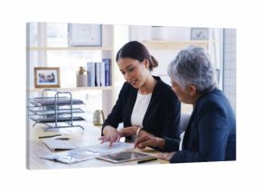 Old woman, lawyer and reading document in office for planning, debt settlement and legal guidance. Senior person, attorney and paperwork for retirement fund, asset protection and pension information