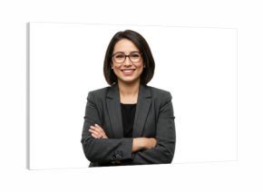 Smiling woman in blazer with arms crossed on transparent background