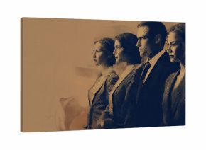 Male and female attorneys on a halftone modern abstract background. Law firm, lawyer, legal graphic for personal injury, medical malpractice or defense law firm website