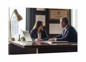 A lawyer and client engage in a discussion at a sleek office, exchanging legal insights while enjoying a view of the city. Generative AI