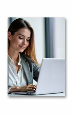 A confident young lawyer working on her laptop in a modern office, with a statue of Lady Justice nearby. Ideal for legal services, law firm promotions, and professional branding