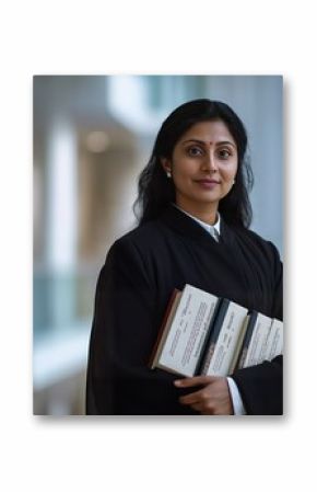 Indian woman lawyer in black robe holding legal books, exuding professionalism and authority