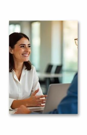 Busy happy business woman professional bank manager lawyer attorney consulting client on finances management. Female executive speaking to colleague working at office corporate meeting.