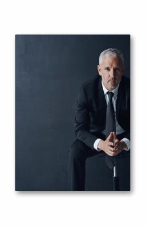 Mockup space, serious and portrait of businessman in studio with confidence for legal career. Pride, law firm and mature male attorney executive from New York with corporate job by black background.