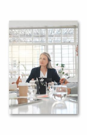 Office, business people and attorney with discussion in meeting, planning and court case review for law firm. Teamwork, lawyers and woman with feedback for justice updates, corporate project or ideas