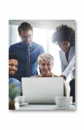 Business people, laptop and collaboration of corporate attorney with digital brief of case. Office, diversity and management with legal research, teamwork and conversation in meeting at law firm