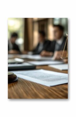 Lawyers, officials gather around table for discussion. Documents related to legal cases spread out. Gavel, scales of justice symbolize importance of decisions. Serious deliberation happens in