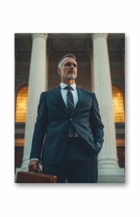 Confident attorney in sleek suit holding briefcase, standing firmly in front of impressive courthouse with stone architecture and large doors  